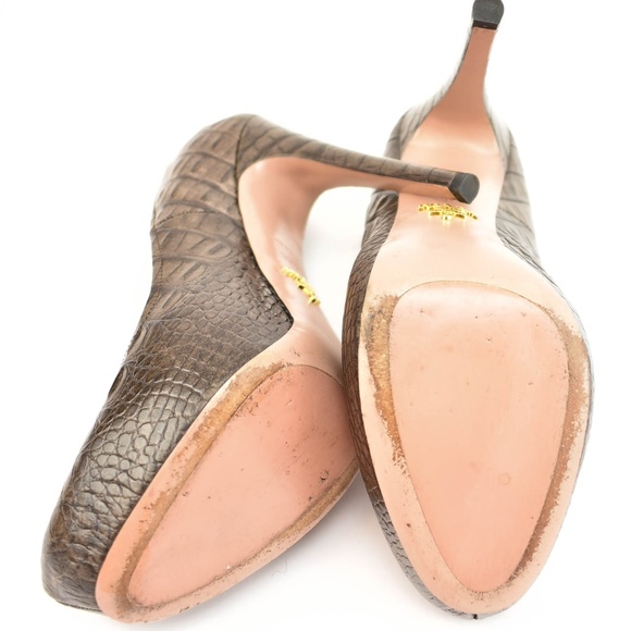 PRADA: Brown, Leather "Alligator" Platform Heels - Picture 7 of 8